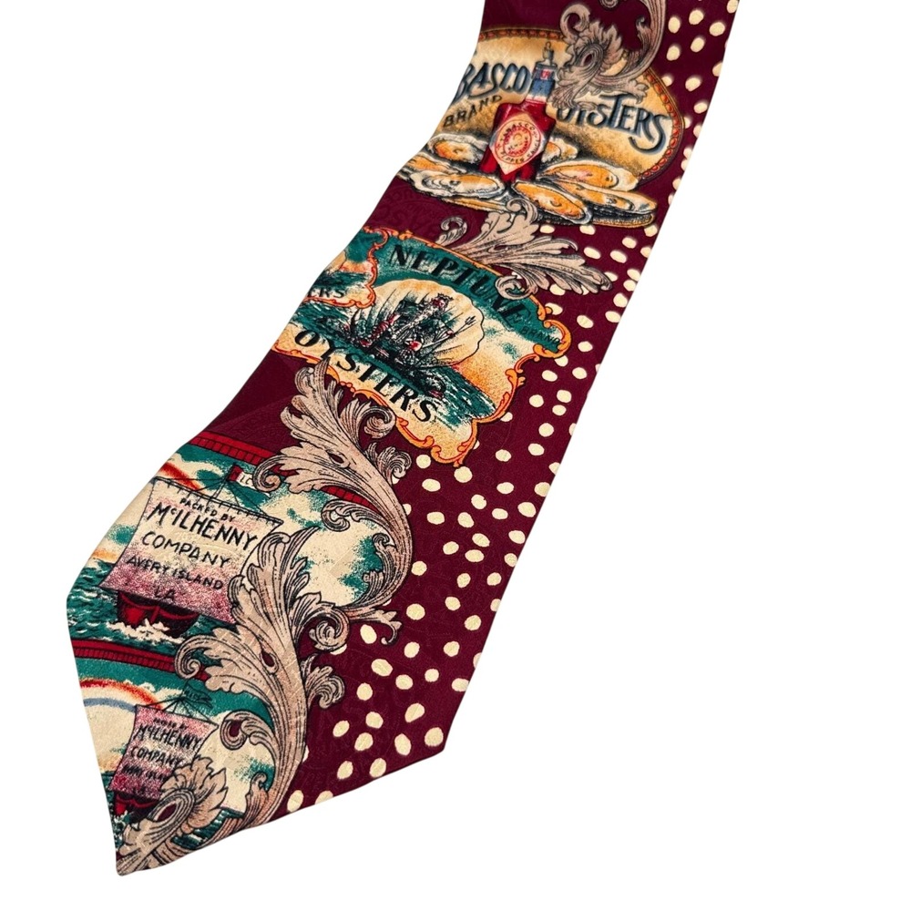 Tabasco Necktie Mens OS Burgundy Silk Neptune Oysters Polka Dot Novelty Wide Tie